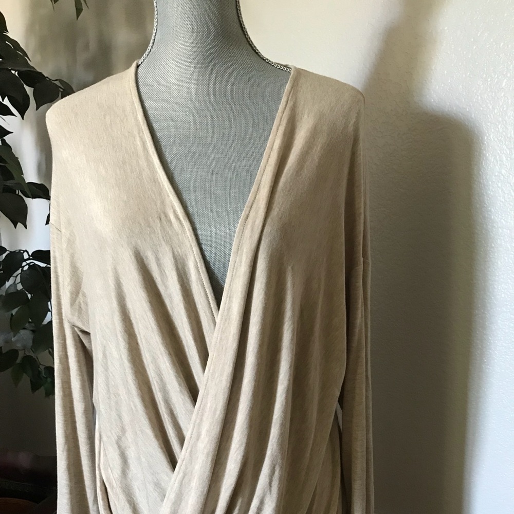 Beige Faux-Wrap Pullover Sweater